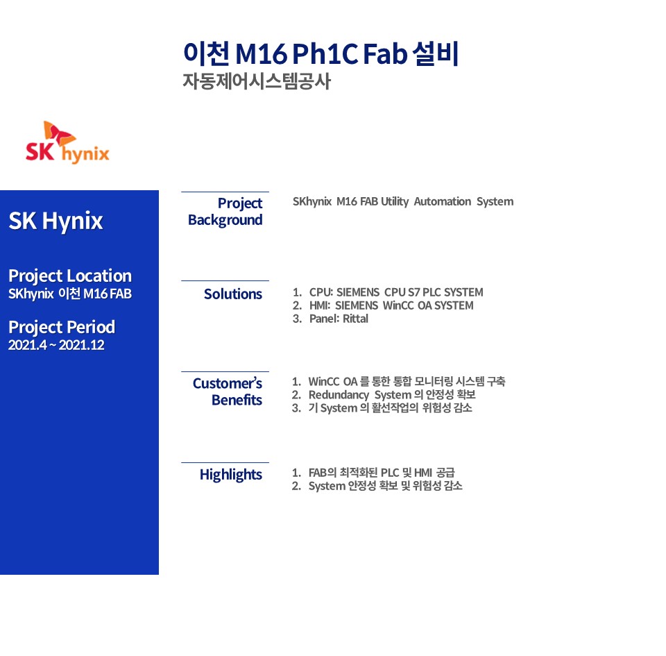 SKhynix 이천 M16 Ph1C Fab 설비 자동 제어 System 공사